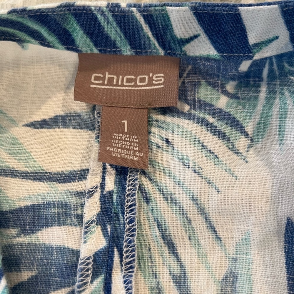 Chico’s Blue & White Tropical Floral Linen‎ Cardigan Top Size 1 - Picture 3 of 6